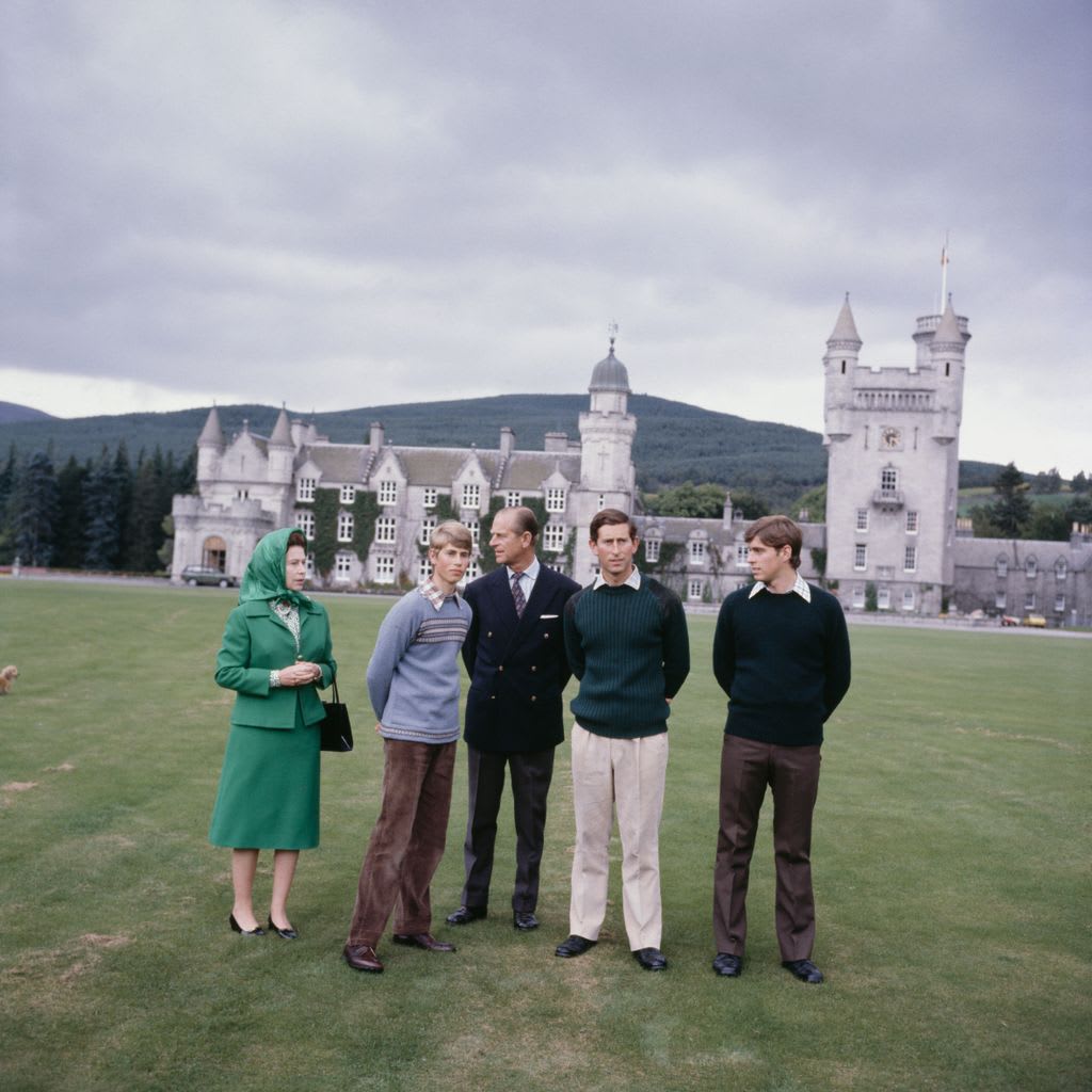 Queen Elizabeth II with Prince Philip, the Duke of Edinburgh and Prince Edward, Prince Charles and Prince Andrew at Balmoral 