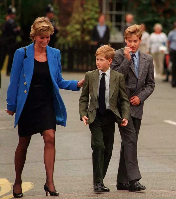 Prince William arrives with Diana, Princess of Wales and Prince Harry for his first day at Eton College on September 16, 1995 in Windsor, England.