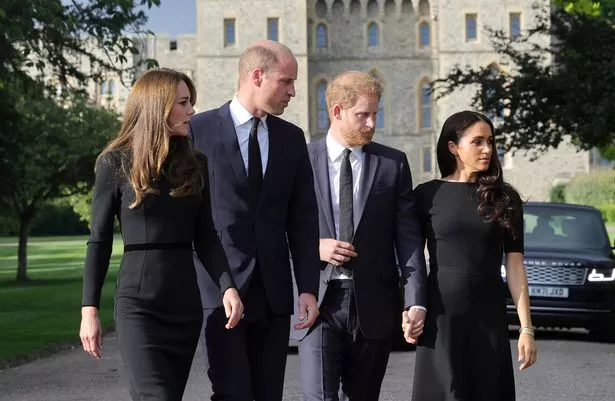 The Prince and Princess of Wales and the Duke and Duchess of Sussex arriving to view the messages and floral tributes left by members of the public at Windsor Castle in Berkshire following the death of Queen Elizabeth II on Thursday. Picture date: Saturday September 10, 2022.