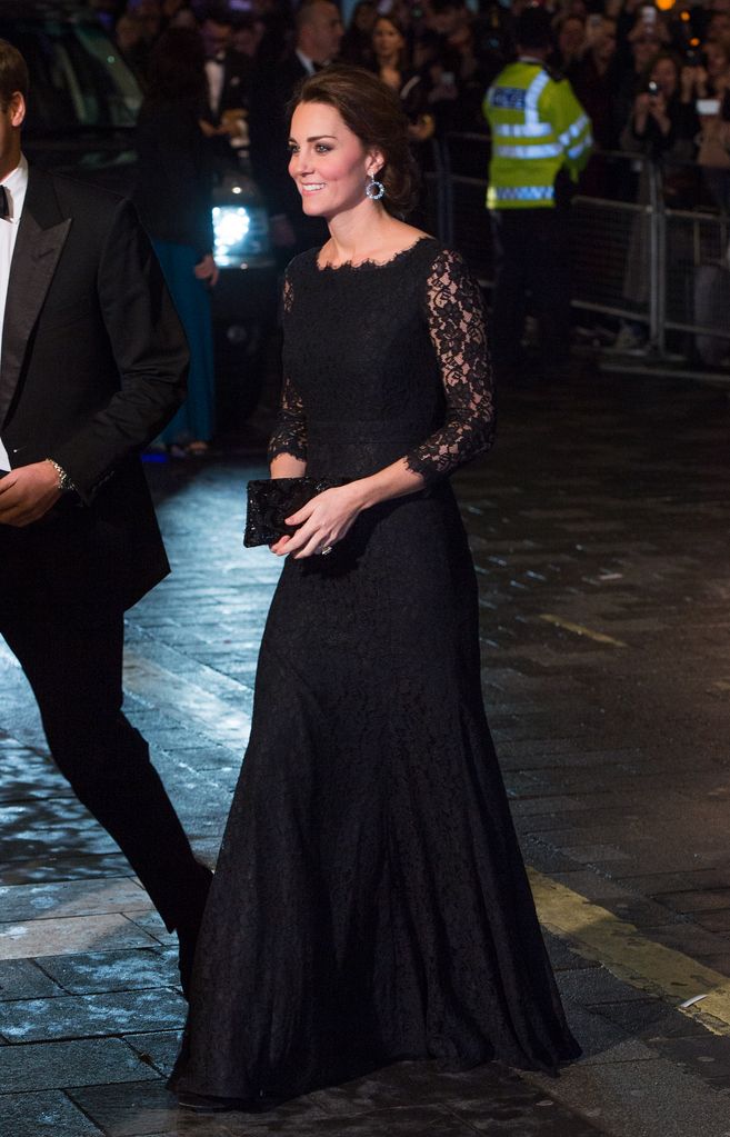 Kate wearing a black lace gown by DVF for her first time at the show in 2014