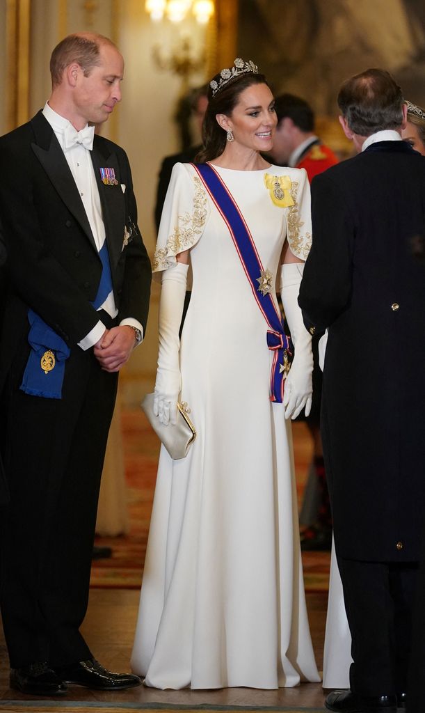 Kate Middleton in white embroidered Jenny Packham gown and tiara for South Korea State Banquet