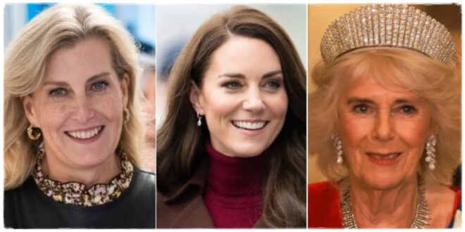Duchess of Edinburgh standing between Queen Camilla and Princess Kate, symbolizing her role in bridging the gap