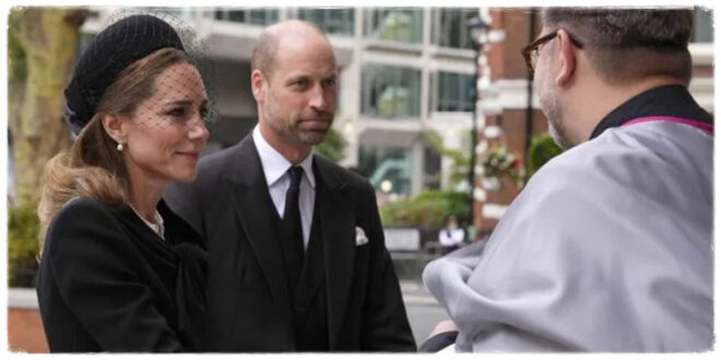 Princess Kate arriving at Westminster Cathedral as priest’s robes blow into her face, causing an awkward moment