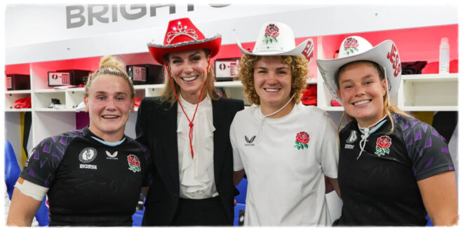 Princess Kate wearing a red cowboy hat with bejeweled crown detail at a rugby match, breaking royal fashion protocol