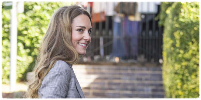 Princess Kate wearing a Bella Freud “Prince of Wales” check suit during her textile mill visit as a stylish tribute to Prince William