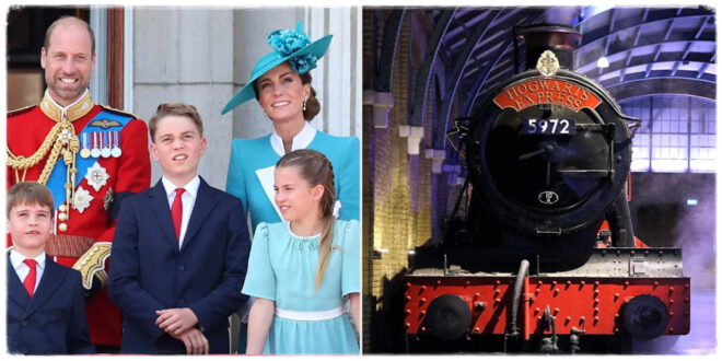 Prince Louis with Prince George and Princess Charlotte riding the Hogwarts Express on family night out