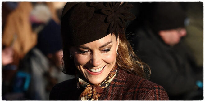 Princess Kate wearing a Christmassy coat dress at Sandringham during a festive royal appearance