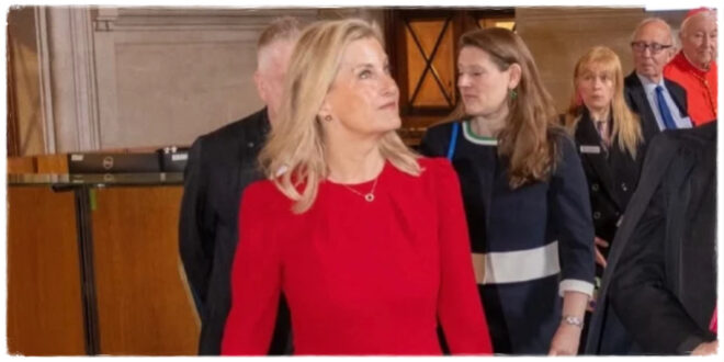 Duchess Sophie wearing a waist-cinching scarlet dress during a royal appearance
