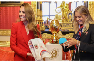 Kate Middleton wearing a red power suit during her first solo royal engagement of 2026