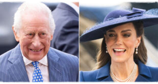 Princess Kate greeting King Charles with a curtsy and a kiss during a royal gathering