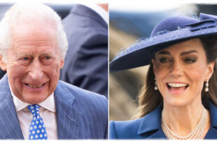 Princess Kate greeting King Charles with a curtsy and a kiss during a royal gathering