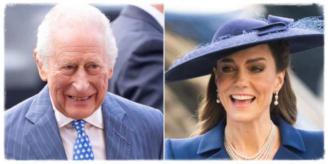 Princess Kate greeting King Charles with a curtsy and a kiss during a royal gathering