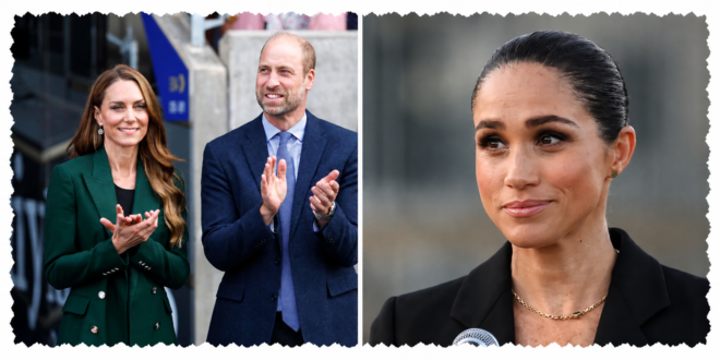 Meghan Markle with Prince William and Princess Kate as reports claim she is preparing to apologise over past royal comments