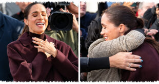 Meghan Markle holding flowers and greeting supporters alongside Prince Harry during their visit to Nottingham on October 15, 2026