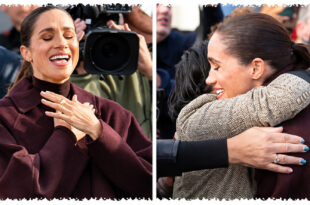 Meghan Markle holding flowers and greeting supporters alongside Prince Harry during their visit to Nottingham on October 15, 2026
