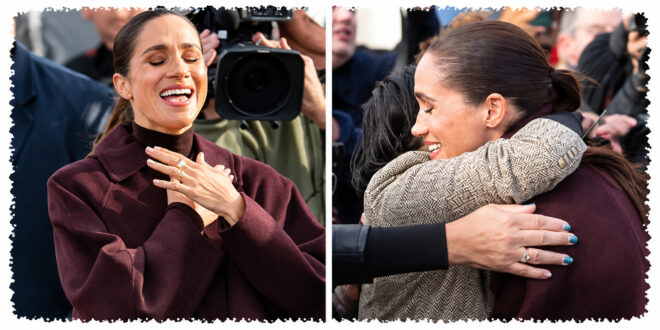 Meghan Markle holding flowers and greeting supporters alongside Prince Harry during their visit to Nottingham on October 15, 2026