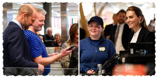 Prince William and Princess Kate working behind the IKEA café tills during their surprise visit to Belfast on October 9, 2026